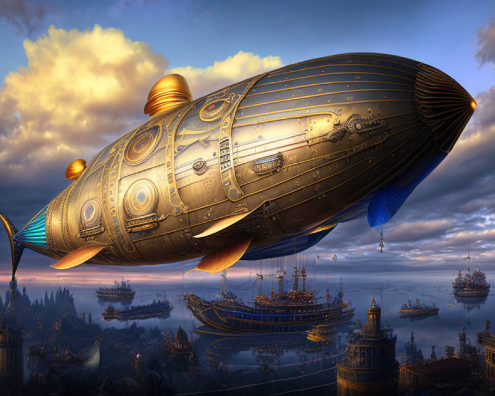 Intricate Steampunk Airships Over Ornate Cityscape at Sunset