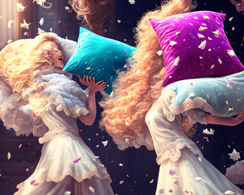 Angels in pillow fight with feathers and glowing ambiance