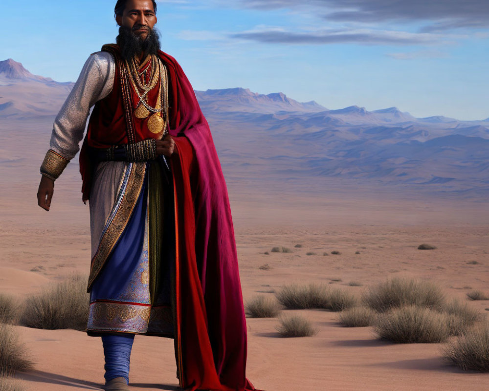 Regal man in historical costume with beard in desert setting