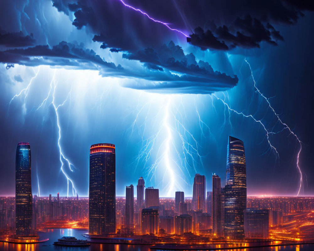 Night city skyline with illuminated skyscrapers during thunderstorm.