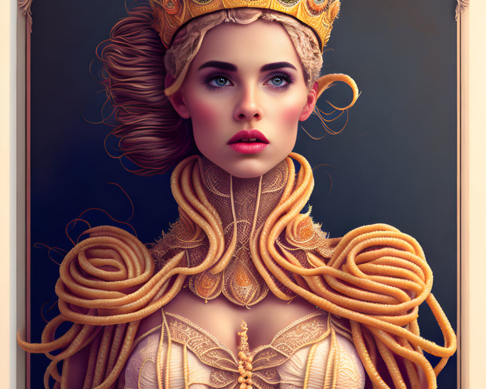 Regal woman with blue eyes, gold crown, and intricate hairstyle on dark background.