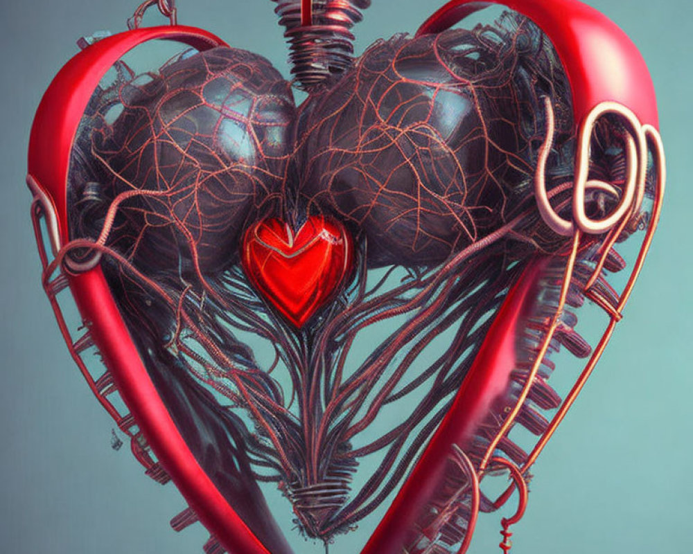 Intricate Stylized Mechanical Heart with Red Tones