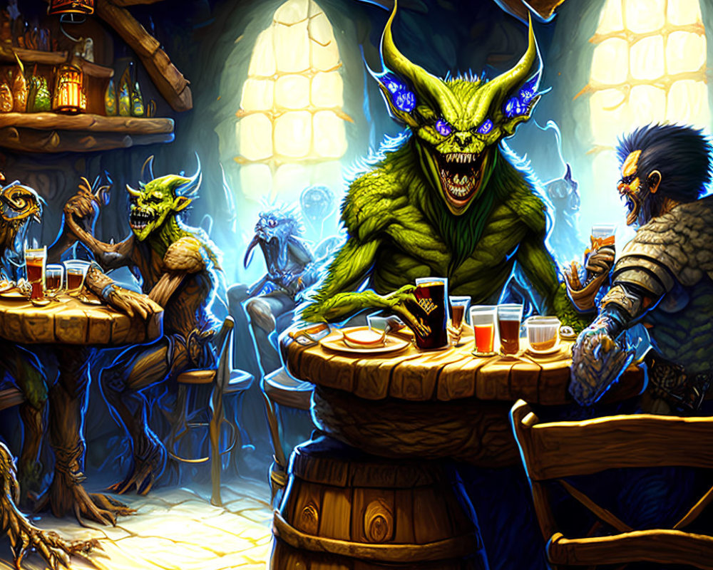 Fantasy goblins and orcs gather in torch-lit tavern