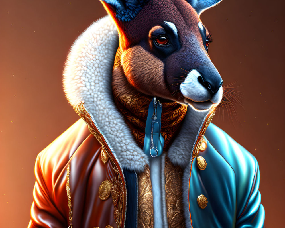 Anthropomorphic kangaroo in stylish leather jacket on warm background