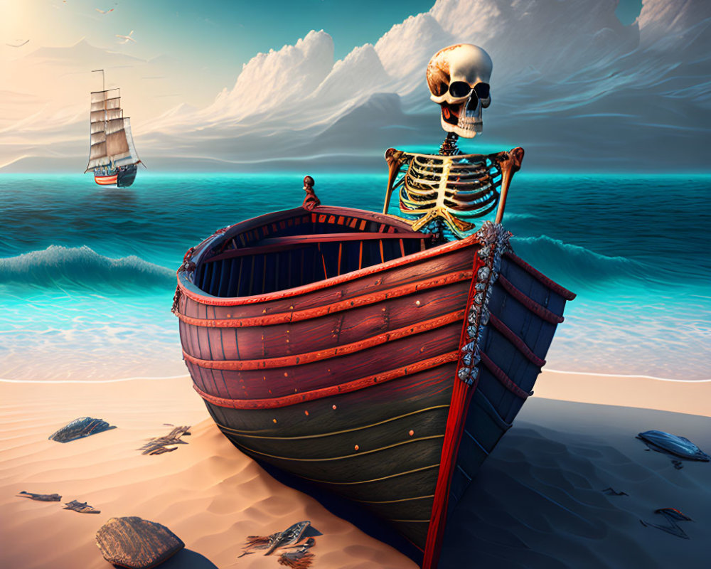 Skeleton in rowboat on beach with ship and seagulls in surreal sky