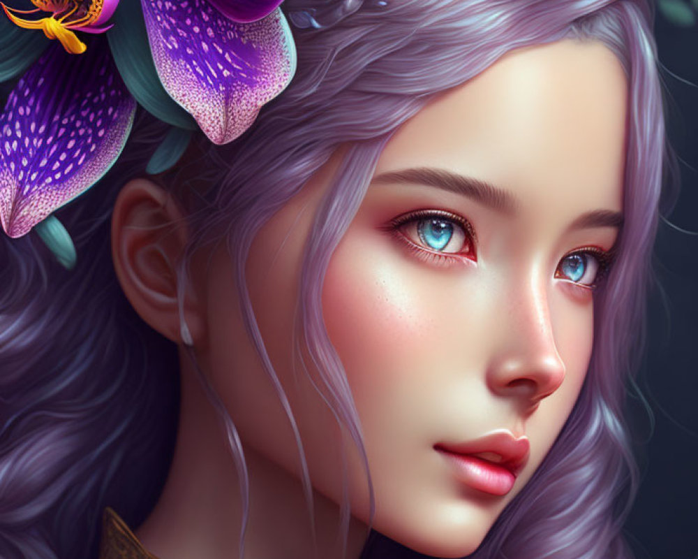 Digital Artwork: Woman with Lilac Hair and Blue Eyes Adorned with Purple Orchid Flowers