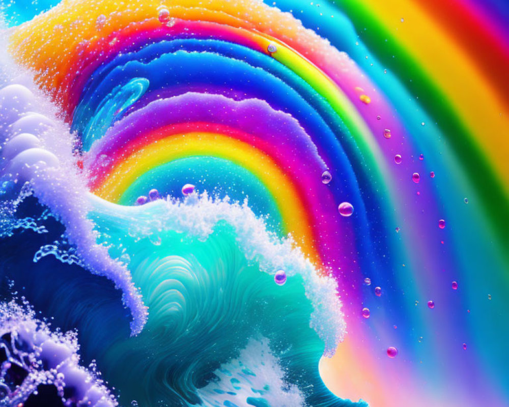 Colorful Digital Art: Swirling Blue Wave with Rainbow Arch