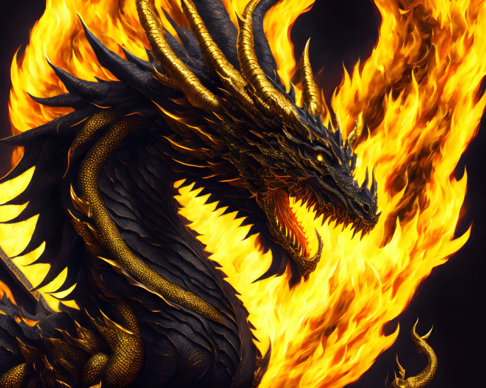 Digital Artwork: Black and Gold Dragon in Fiery Flames