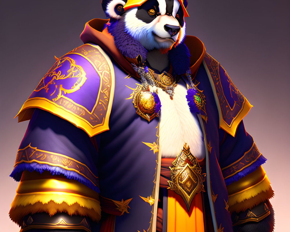 Regal anthropomorphic panda in purple and gold robes with staff on gradient background