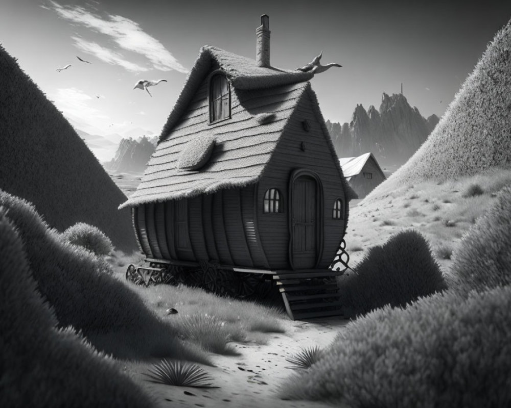 Monochrome whimsical illustration of a mobile wooden house in a natural landscape