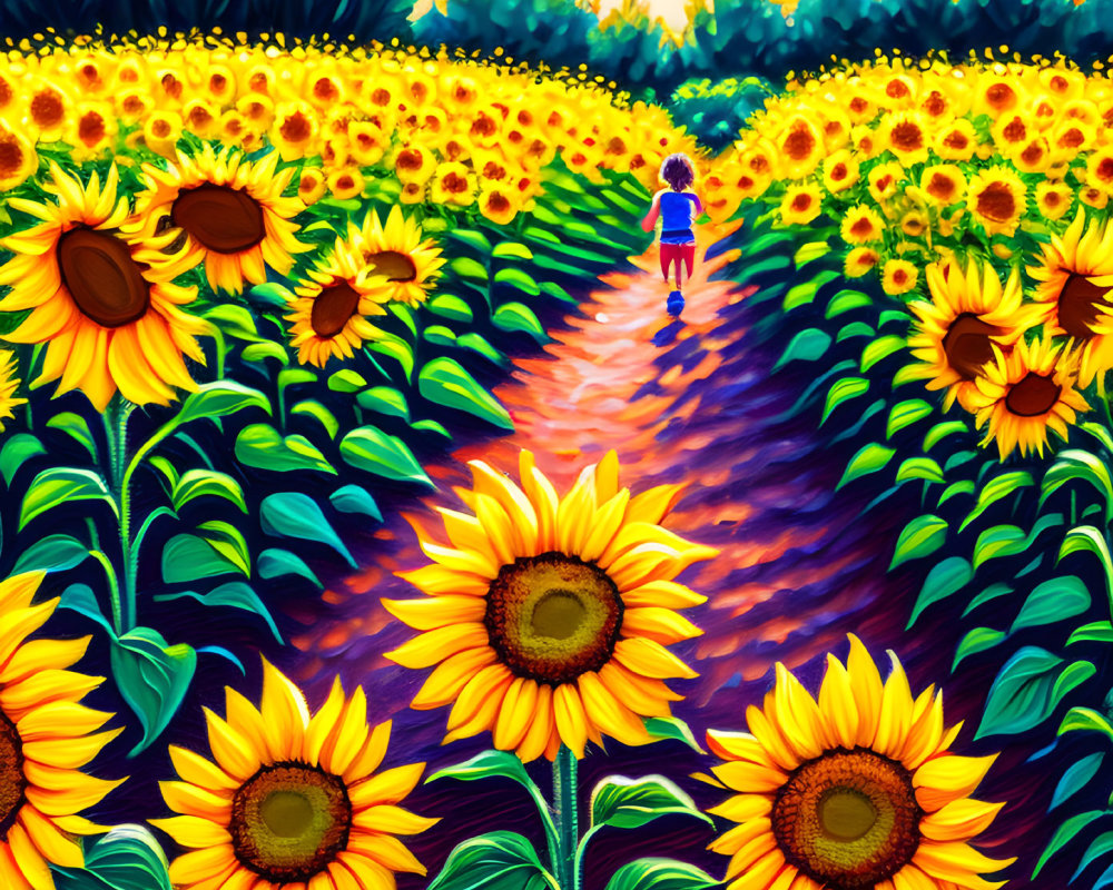 Person Walking Through Vibrant Sunflower Field at Sunset