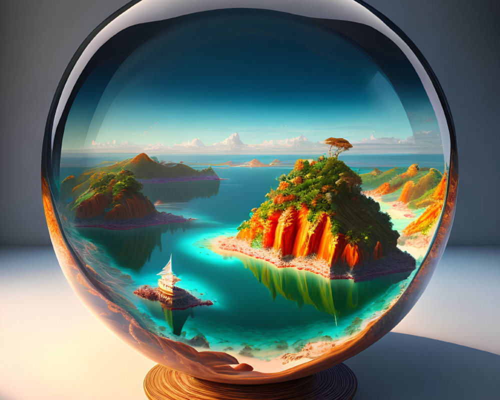 Serenity landscape in crystal ball with islands, sailboat, waters, mountains at sunset