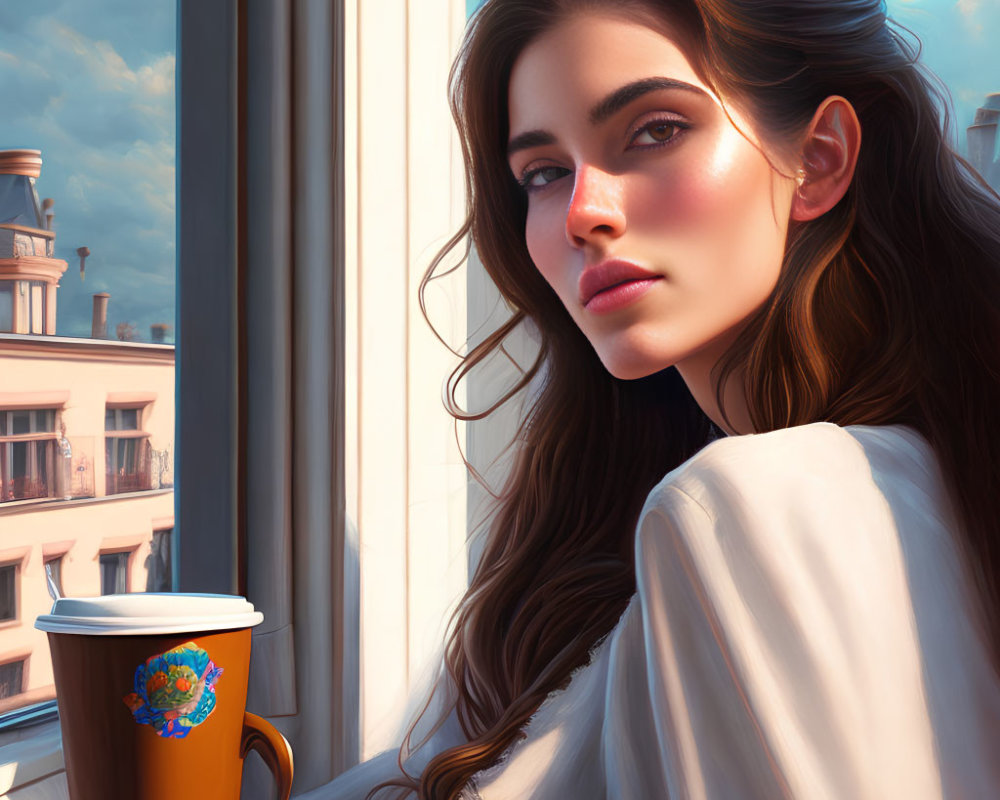 Dark-haired woman with coffee cup in sunlight by city window.