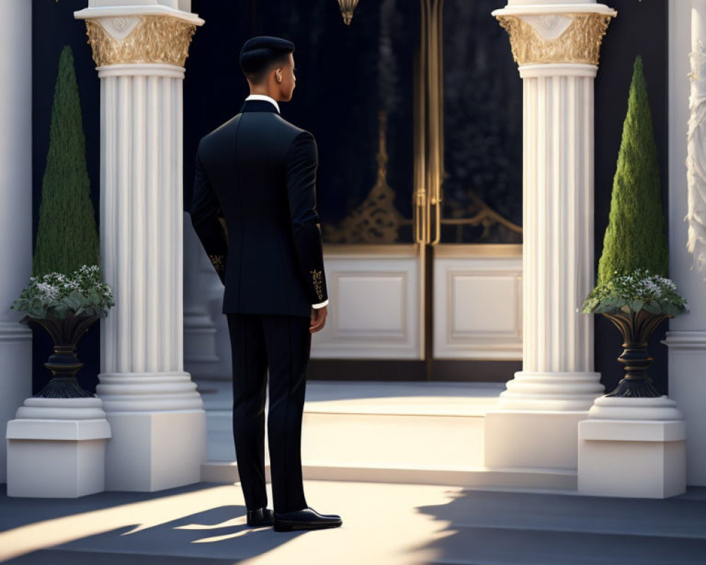 Sophisticated man in suit by elegant doorway with columns and lantern