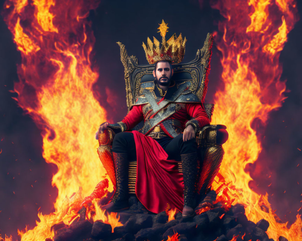 Regal figure on flaming throne in red and gold armor