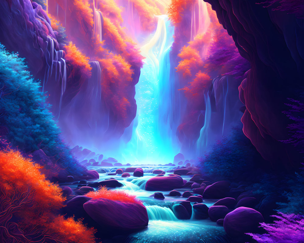 Colorful digital artwork: Magical waterfall with azure waters, neon foliage, and purple cliffs