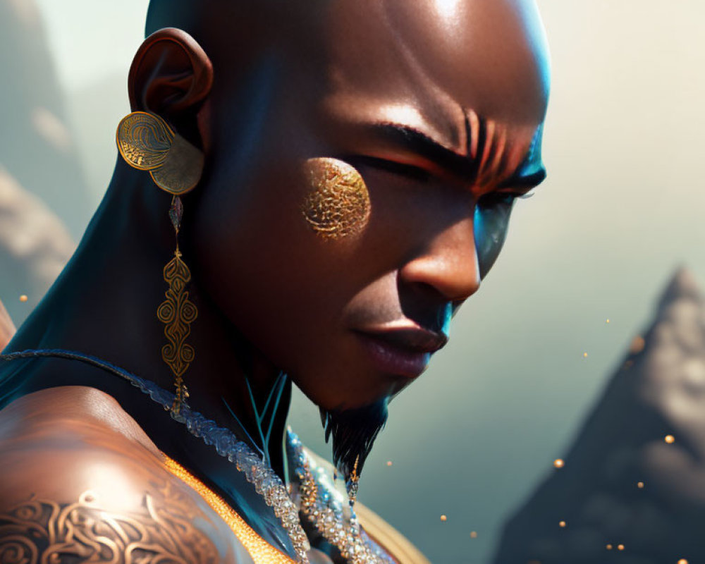 Digital artwork featuring bald figure with gold earrings, tattoos, and mystical backdrop