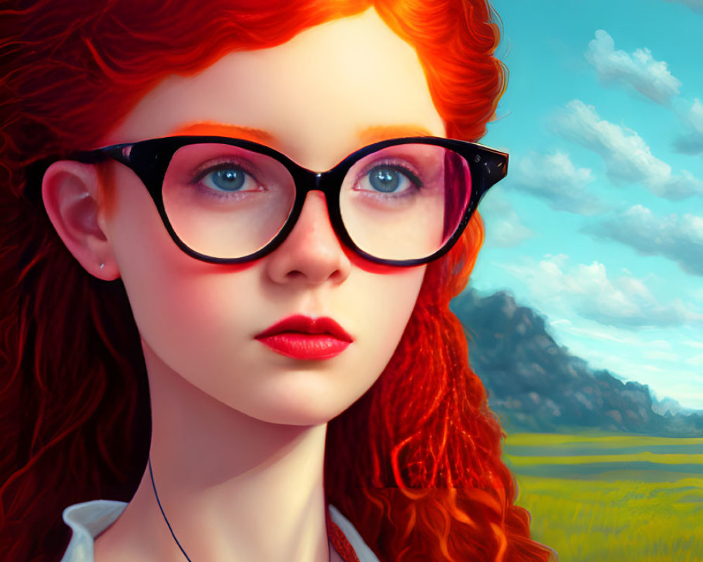 Vibrant digital portrait of woman with red hair and glasses in scenic landscape