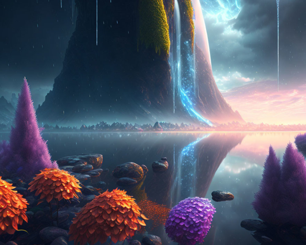 Colorful Flora and Waterfalls in Fantastical Twilight Landscape