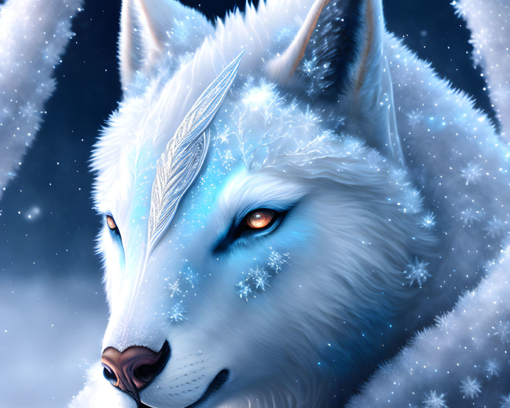 Majestic white wolf with glowing amber eyes and silver feather in mystical snow scene