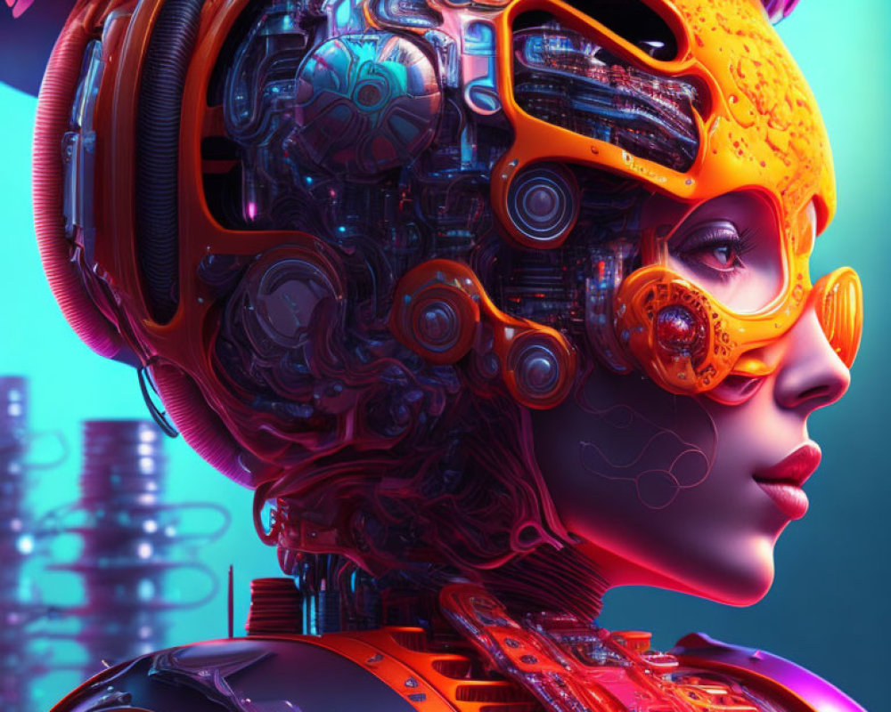 Detailed Futuristic Robotic Female Figure with Orange Visor