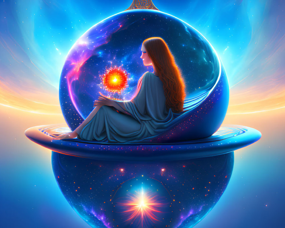 Woman sitting in reflective bubble with glowing orb against cosmic background