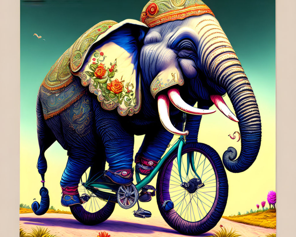 Ornately decorated elephant on green bicycle with flowers, whimsical and surreal scene