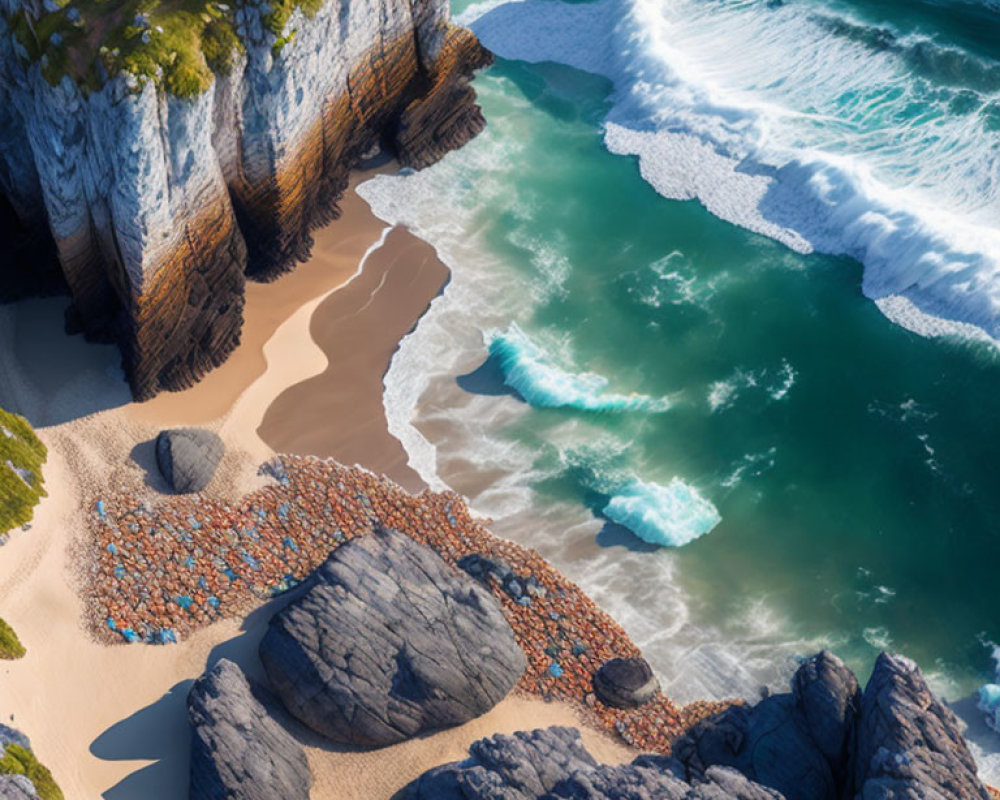 Rugged coastline with sandy beach, emerald waves, cliffs, and boulders