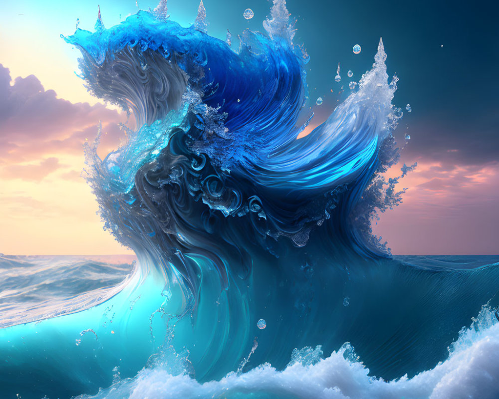 Stylized wave with intricate water patterns against dramatic sunset sky