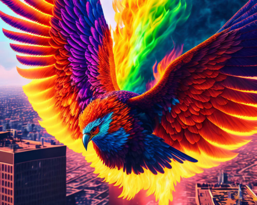 Digital Artwork: Phoenix with Fiery Wings Soaring Above Cityscape at Sunset