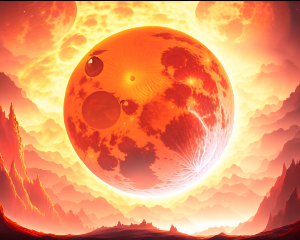 Fiery sky over rocky red landscape with alien planet and moons