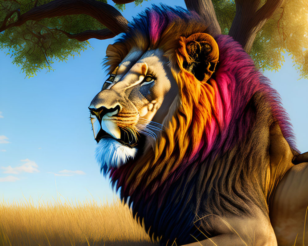 Colorful lion illustration with rainbow mane in savanna setting