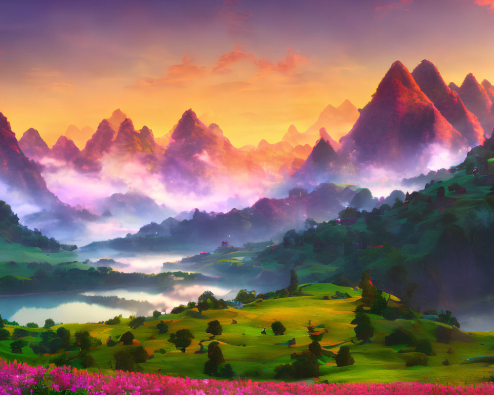 Scenic sunset landscape with pink clouds, mountains, lake, green hills, and pink flowers