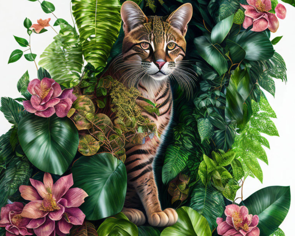 Tabby Cat Among Green Leaves and Pink Flowers Illustration