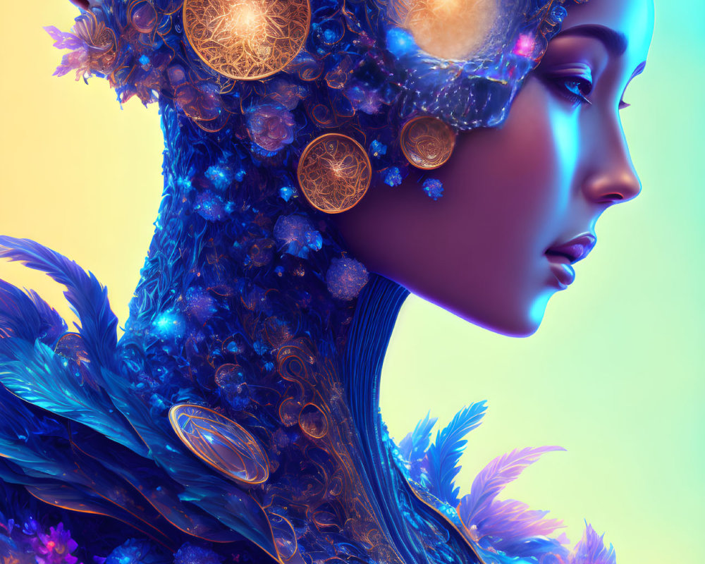 Profile View of Surreally Embellished Figure with Golden Patterns and Blue Feathers