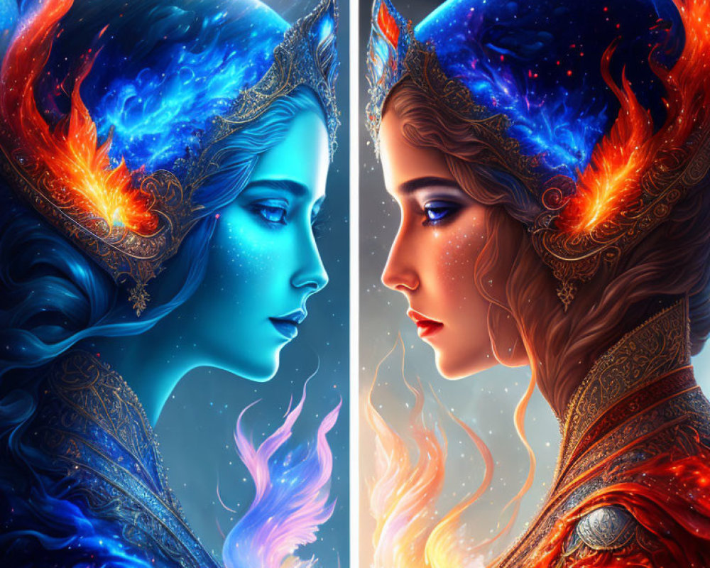 Split image of woman with cosmic and fiery themes, blue stars and red flames.