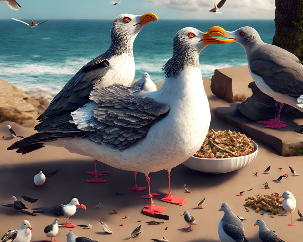 Seagulls with human legs on beach eating fries, ocean backdrop
