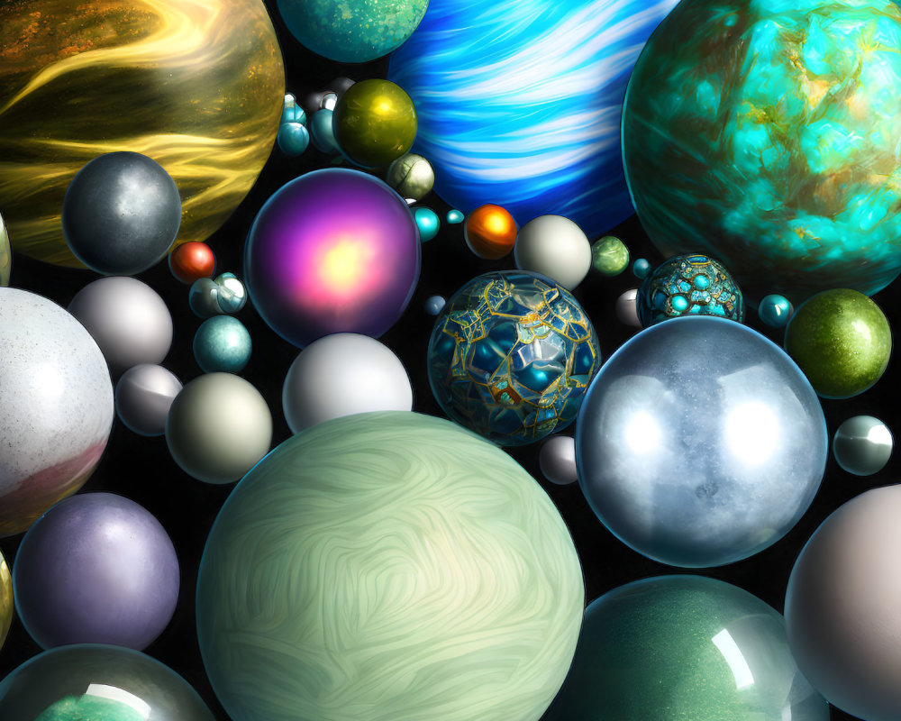 Colorful spherical planets on black background: cosmic marble collection