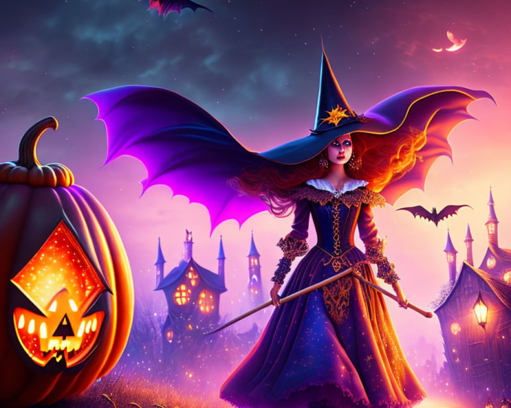 Witch with staff and bat wings by pumpkin on spooky path with castle and bats at twilight