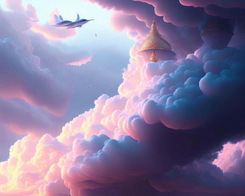 Vibrant pink and blue clouds with floating jellyfish-like creatures and a gliding bird.