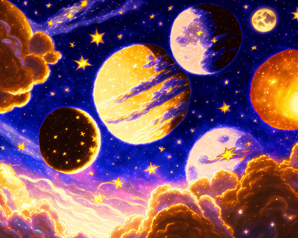 Colorful cosmic illustration with planets, stars, and nebulae in space