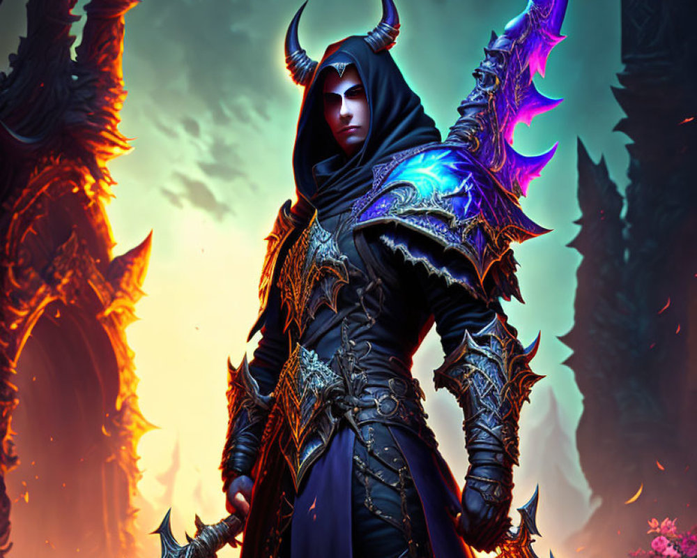 Dark-armored character with horns and glowing purple blade in sinister landscape