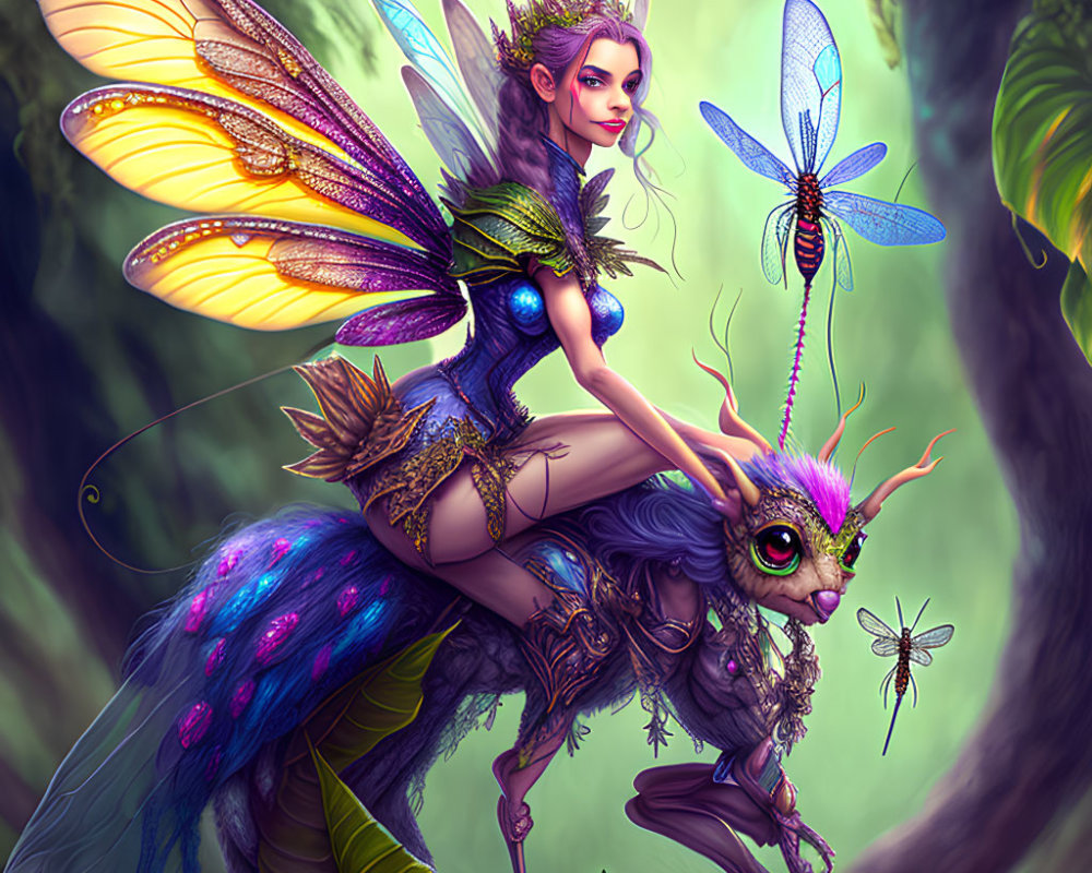 Colorful Fairy Illustration with Butterfly Wings and Dragonfly Companion