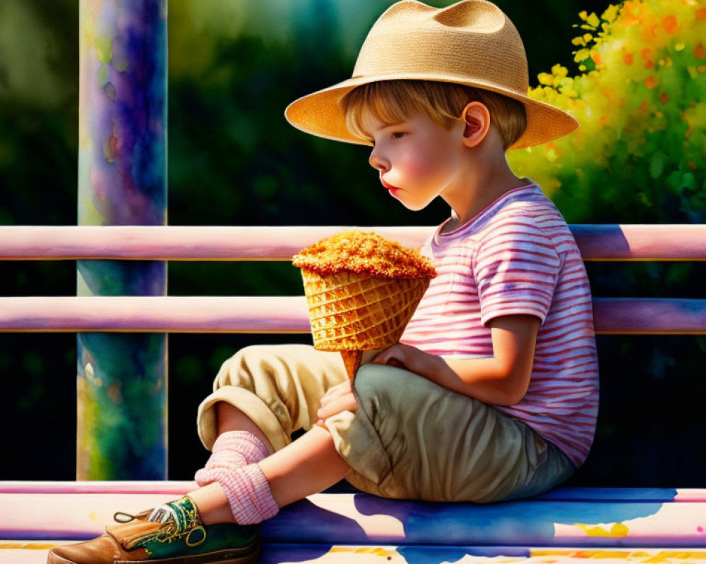 Child in straw hat with ice cream on colorful bench amidst vibrant flowers