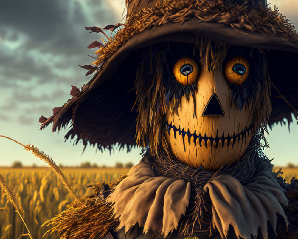 Scarecrow with stitched smile in wheat field at dusk