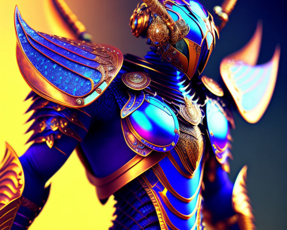 Detailed image of a knight in blue and gold armor with cosmic texture