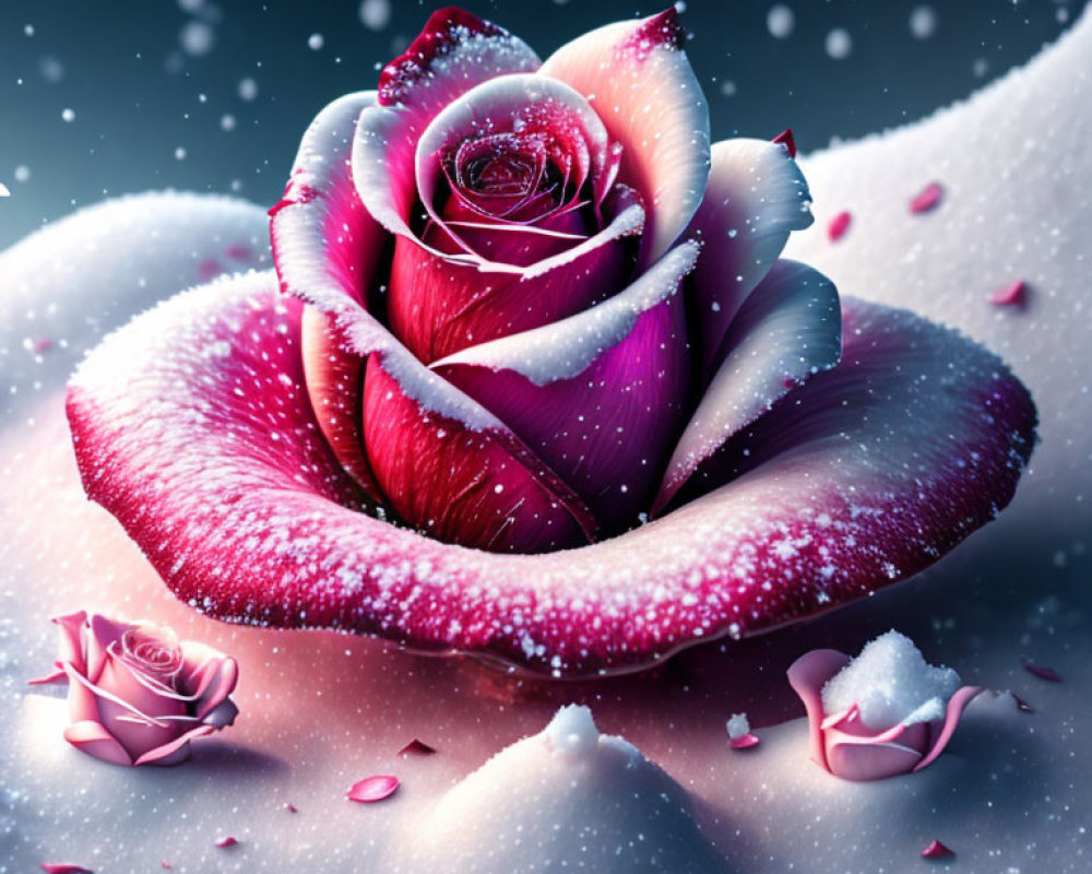 Pink and White Rose Covered in Snowflakes on Winter Background