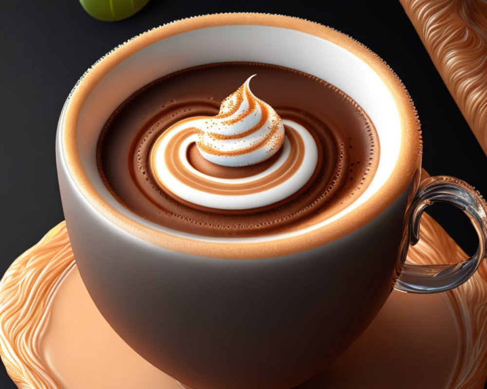 Digital image of hot chocolate cup with whipped cream and candy on swirl-patterned spoon.