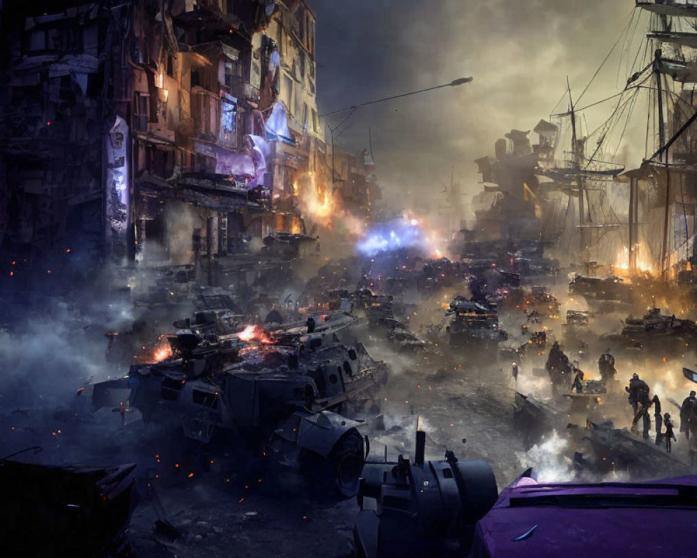 Chaotic battle scene with people, armored vehicles, burning ruins, and a sailing ship