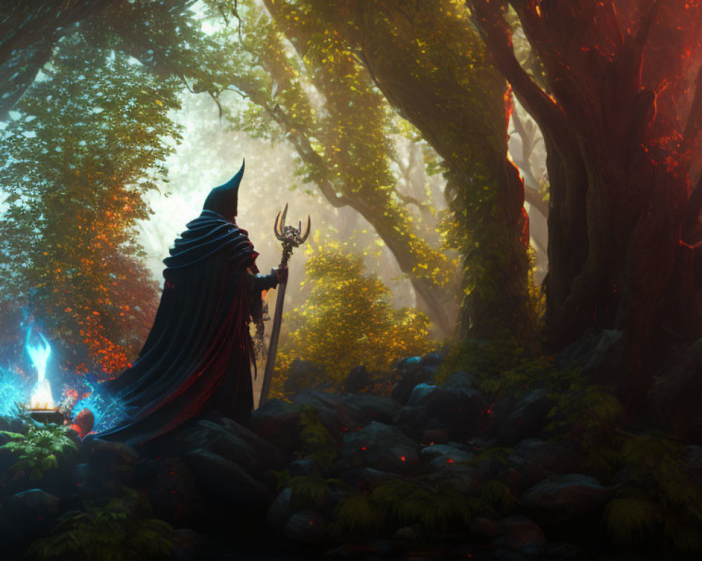 Mystical forest scene with cloaked figure and staff